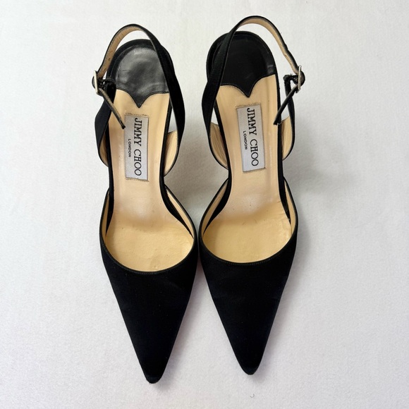Jimmy Choo Syria Slingback Heels Black Satin Pointed Toe 37 85mm Classic